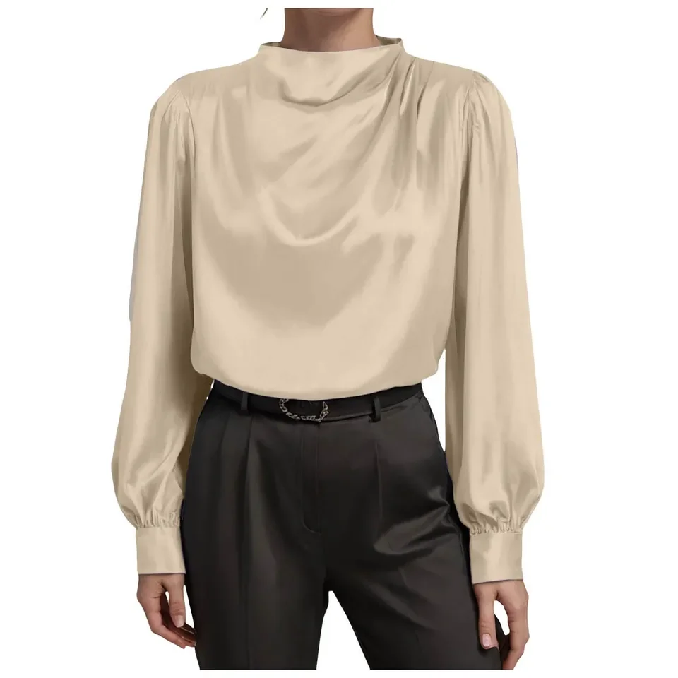 Women Turtleneck Tops Solid Color Long Sleeve Office Blouse Work Wear Commuting Ruffled Party Shirts Elegant Loose Blouse