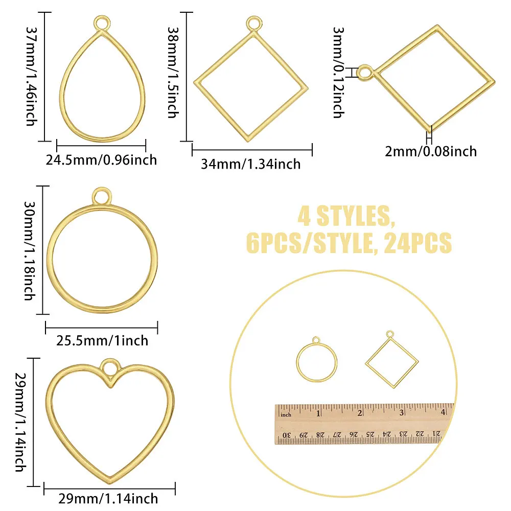 24 Pcs 4Style Open Bezel Pendant Heart and Alloy Hollow Pendants Round and Teardrop Open Frame Charms for Resin Jewellery Making