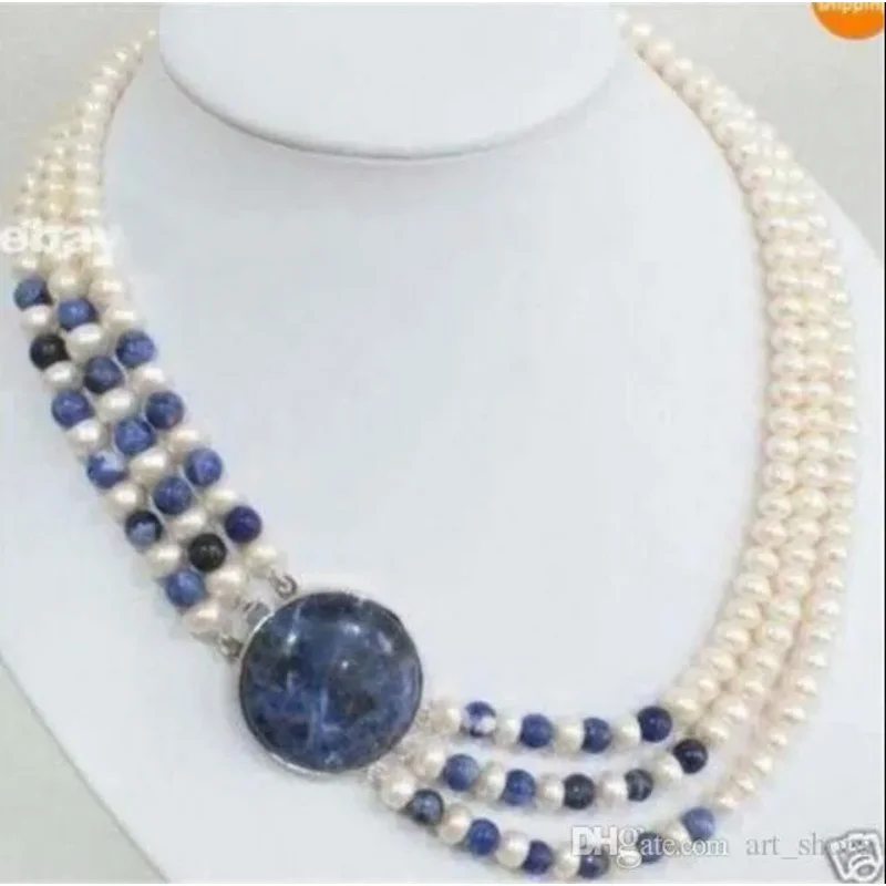 Details about 3 Rows Natural 7-8mm White Cultivation Pearl & Lapis lazuli Round Beads Nelace