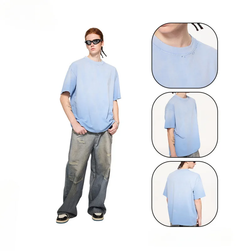 تي شيرت W2EJOURNEY Pure CottontMen مع ياقة متوترة وأكمام قصيرة مغسول ومتعثرة تي شيرت ماركة أزياء شارع العليا #2