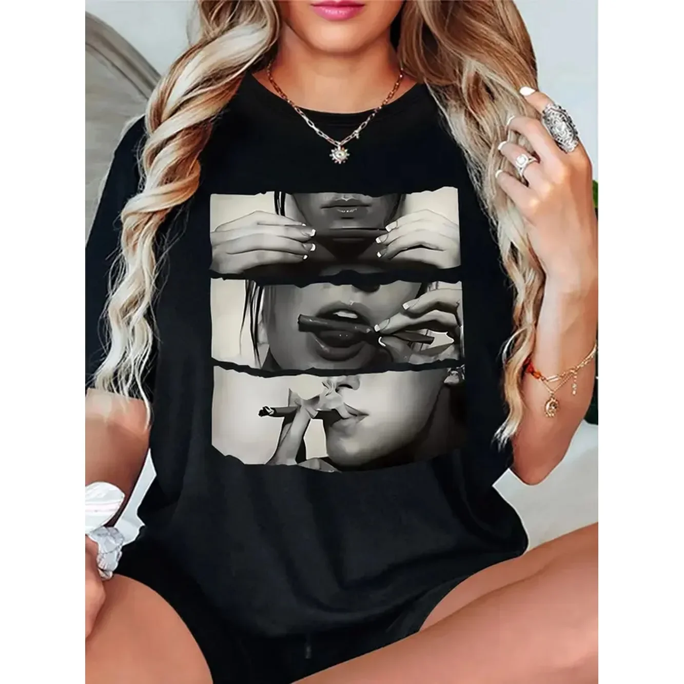 [100% Cotton] Women'S Figure Print Round Neck Tee, Stylish Casual Crew Neck Short Sleeve T-Shirt For Daily Holiday Vacation Outdoor Wear, Ladies Clothes For Summer T-Shirt For Men And Women