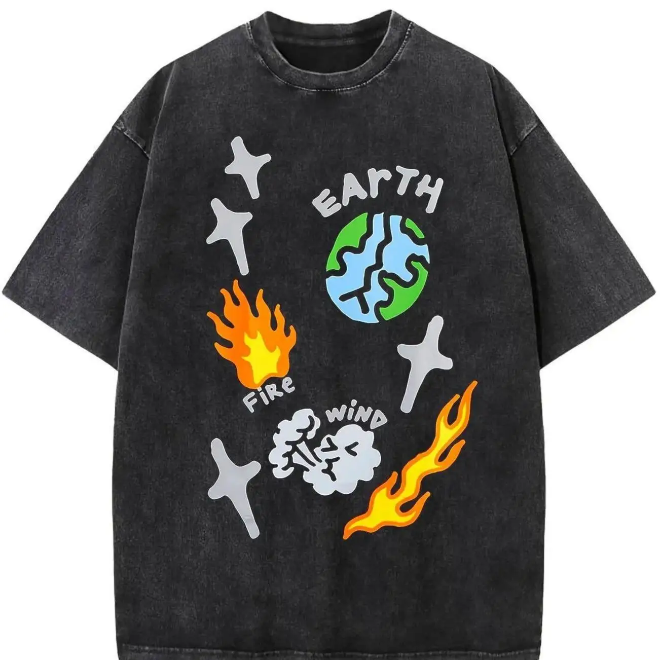 

Earth Fire Wind T-shirt, Men Women Oversized Washed Tee, Four Elements Graphic Top, Retro Astrology Streetwear Apparel