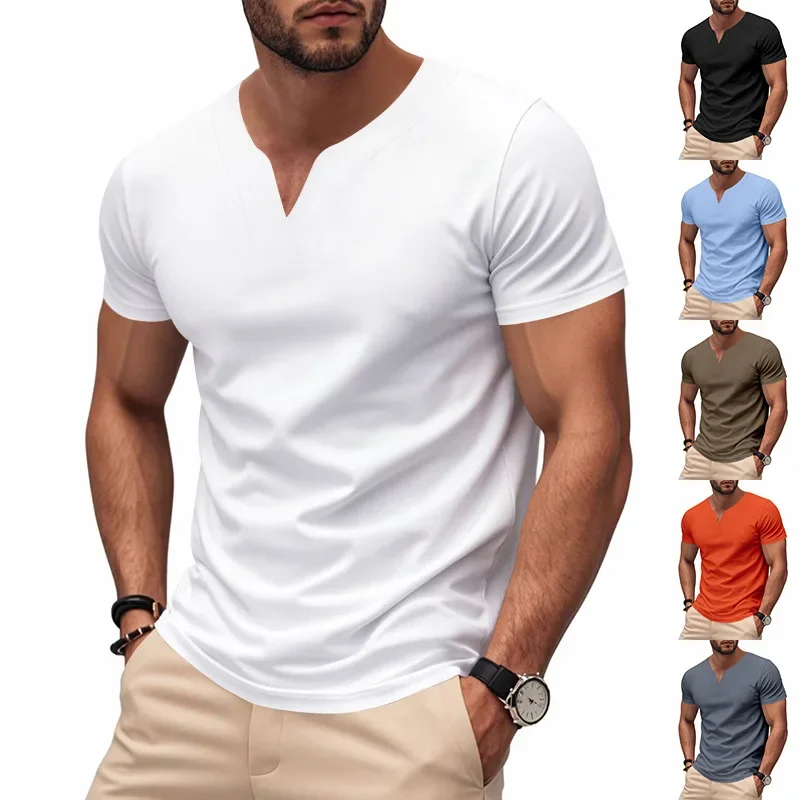 Summer Men's T-Shirt British V-Neck Jersey Shirt Quick-Drying Loose Solid Color Short Sleeve T-Shirt Men's