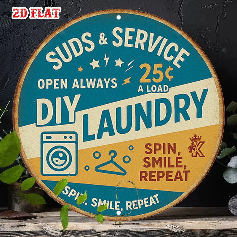 2D Flat, 1pc 1pcs Retro Round Aluminum Wall Sign Suitable for Home, Garage, Cafe, Laundry Room Decor - Rustic Metal Suds-Theme