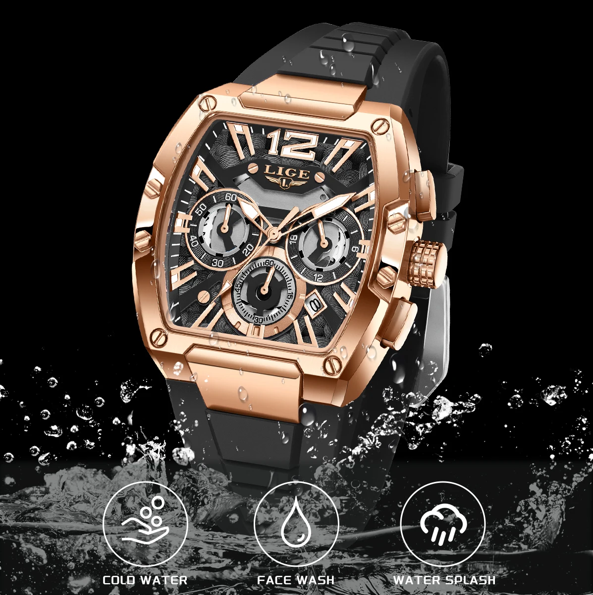 LIGE Top Brand Mens Watches Luxury Square Quartz Wristwatch Waterproof Luminous Chronograph Watch for Men Date Clock