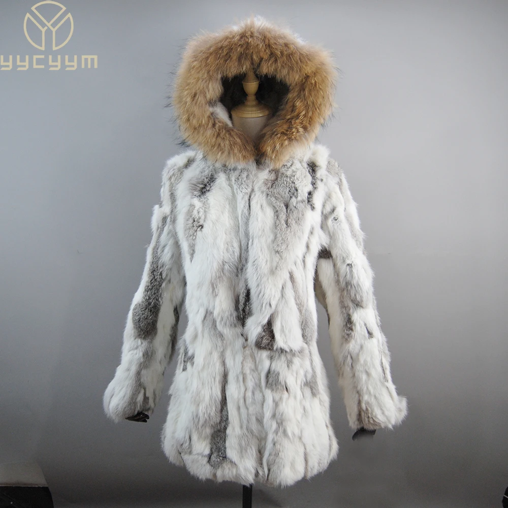 New Style Real Fur Coat Winter Jacket Women Long Rabbit Fur Jacket Windproof Big Natural Raccoon Fur Collar Hood Thick Warm Coat