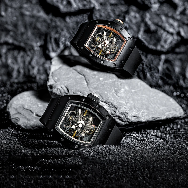 

CRONUSART Мужские автоматические часы Роскошный корпус Tonneau Механические наручные часы Корпус из углеродистой стали Светящийся циферблат Wukong