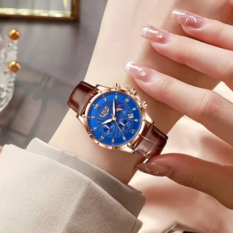 LIGE Fashion Elegant Quartz Womens Wristwatch Diamond Luxury Casual Leather ladies Watches Waterproof Calendar Relogios Feminino