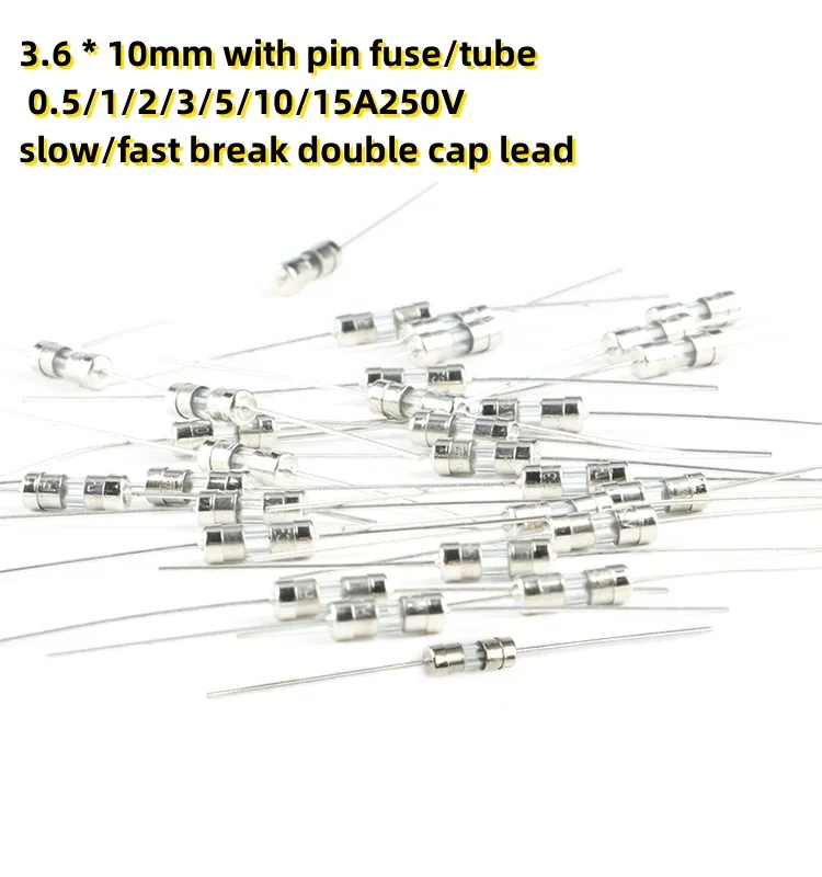 

50 шт. 3,6*10 мм со штифтовым предохранителем/трубкой 0,5/1/2/3/5/10/15A250V, медленный/Быстрый разрыв, двойной колпачок
