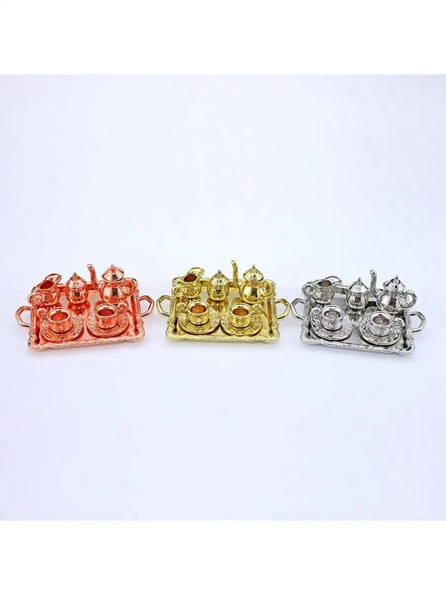 Mini Juego de Té con Patrones, Modelo de Escena de Comida en Miniatura, Accesorios para Casa de Muñecas, Mini Taza de Té, Tetera, Adornos Retro, Decoración