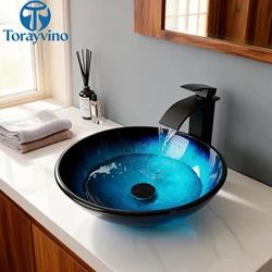 Torayvino Bathroom blue Tempered Glass Sink Oval Washbasin Faucets Combo Toilet Basin vessel Sink Set Washhand stand outdoor tap