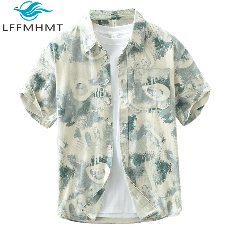 8091 Summer New Fashion Japan Style 100% Cotton Short Sleeve Casual Shirt Art Print Vinage Lapel Blouse Men's Beach holiday Tops