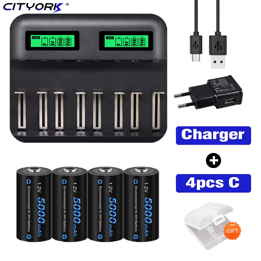 

CITYORK 1.2V NI-MH C Batteries 5000mAh C Size R14 C Cell Rechargeable Battery for Flashlight Gas Cooker with LCD smart charger