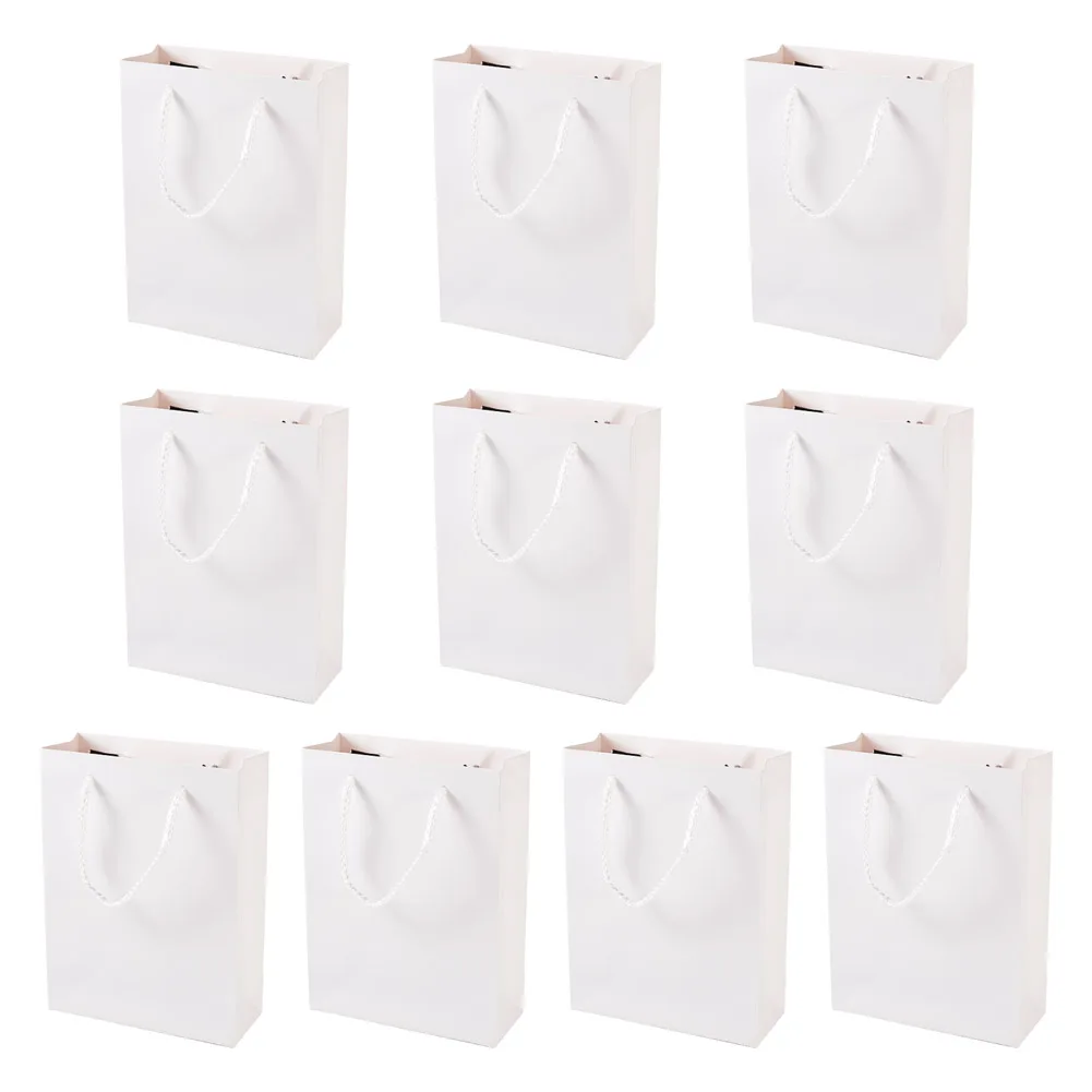 10pcs White Rectangle Folding Kraft Paper Gift Bags with Handle Jewelry Shopping Bag Multifunction Recyclable Paper Bag