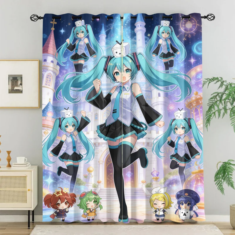 2Pcs Hatsune Miku Blackout Curtains, Top Ring Hole without Rod, Anime-Style Illustration Bedroom Dorm E-Sport Room Decor, Gift