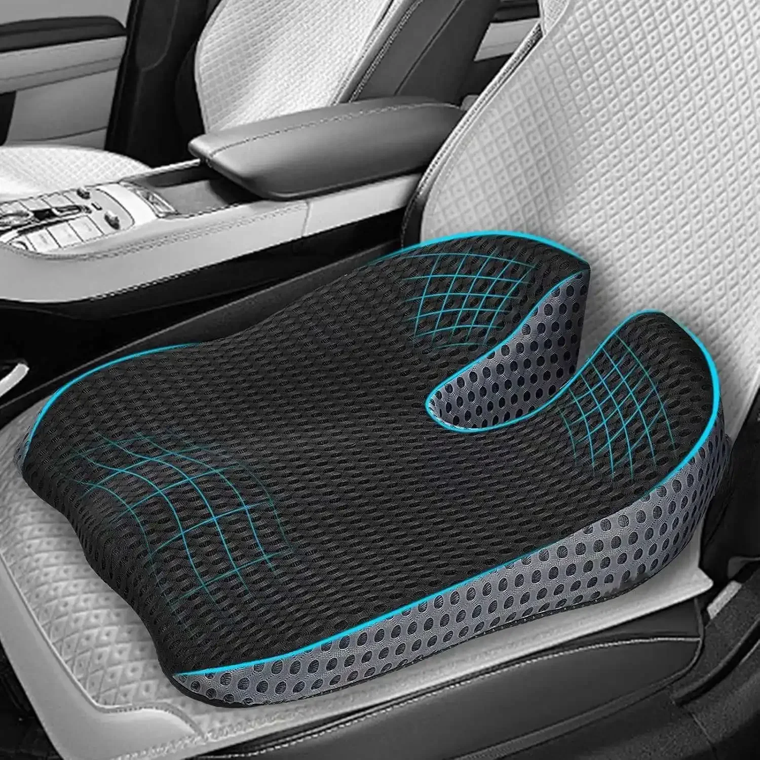 Memory Foam Car Wedge Seat Cushion for Driving, Height Booster & Posture Support, Mesh Seat Pad with Adjustable Straps