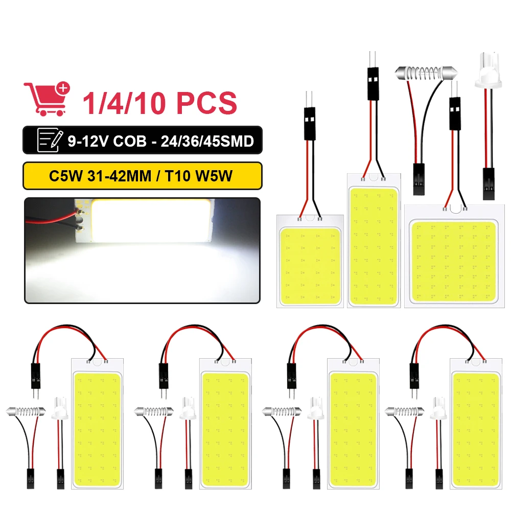 1/4/10 יחידות נורת LED C5W Festoon 31mm 36mm 39mm 41mm T10 W5W LED COB אור 12V לבן 7000K פנים רכב קופסת קריאה תא אחסון