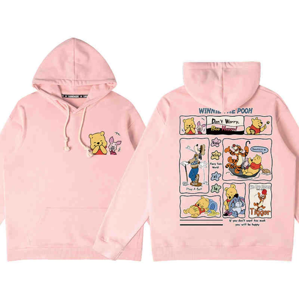 Disney Winnie The Pooh Print Children's Hooded Pure Cotton Hoodie Niche Jacket With Plush Casual Parent-Child Clothes Autumn