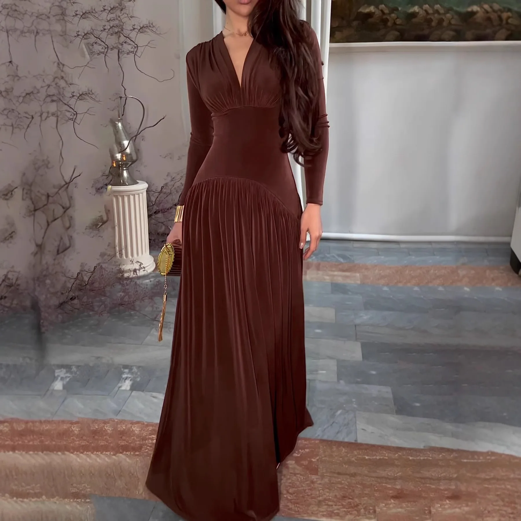 2025 Winter fluwelen damesjurk met lange mouwen, bodycon, midi, taille met riem, glanzende avondjurk, feestkleding