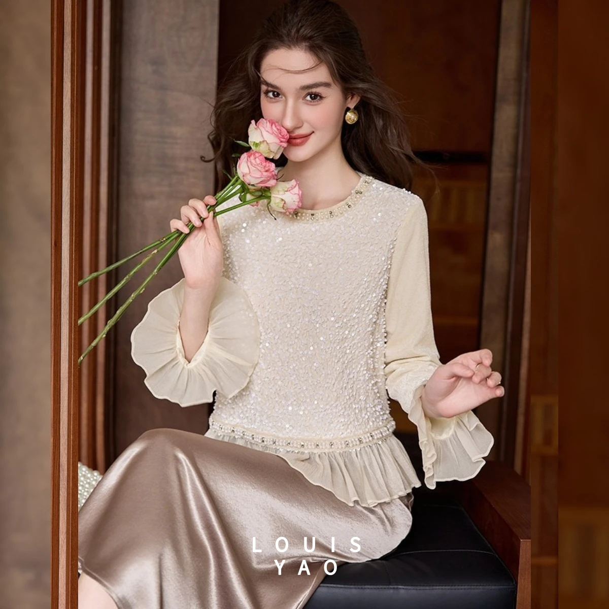 

LOUISYAO Women's Long Sleeve Blouse 2026 Spring Autumn Sequin Contrast Splicing Elegant Crew Neck Ruffle Hem Women's Shirt