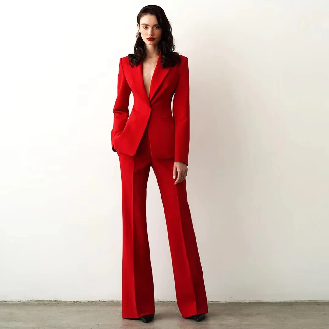 Women Suit 2 Pieces Red Single Button Solid Slim For Wedding Business Work Office Daily Commute Casual Set Blazer And Pant