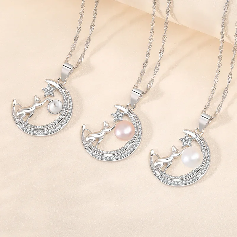 Silver Jewelry925Silver Moon Pearl Pendant Fashion Design Clavicle Necklace Women's Diamond Set Chain