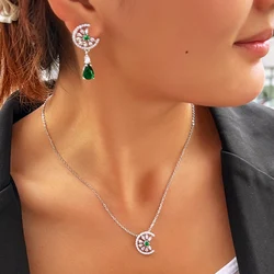 CWWZircons Elegant Green Water Drop Cubic Zircon Engagement Half Round Pendant Necklace and Earrings Jewelry Set for Women T747