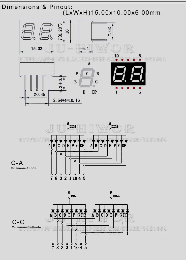 백색 LED 디지털 디스플레이 디지트론 공통 양극 음극 C-C C-A, 0.28 인치 10 핀, 2281AW, 2281BW, 2 자리 비트, 7 세그먼트, 10 개