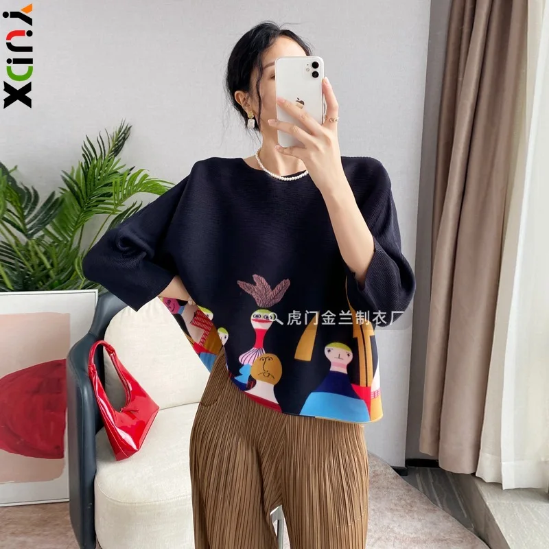 

Miyake Pleated Women's Fashion Tops Loose Plus Size Hundred Matching Printed Seven-minute Sleeve T-shirt 2024 Spring Autumn New