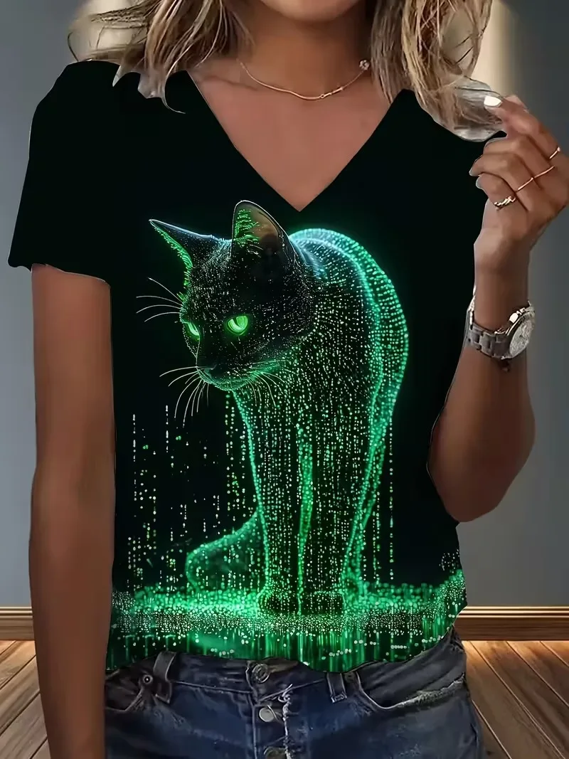 

Women's 3D green eyed black cat art print V-neck T-shirt fashion breathable running fitness daily leisure sports women clothing