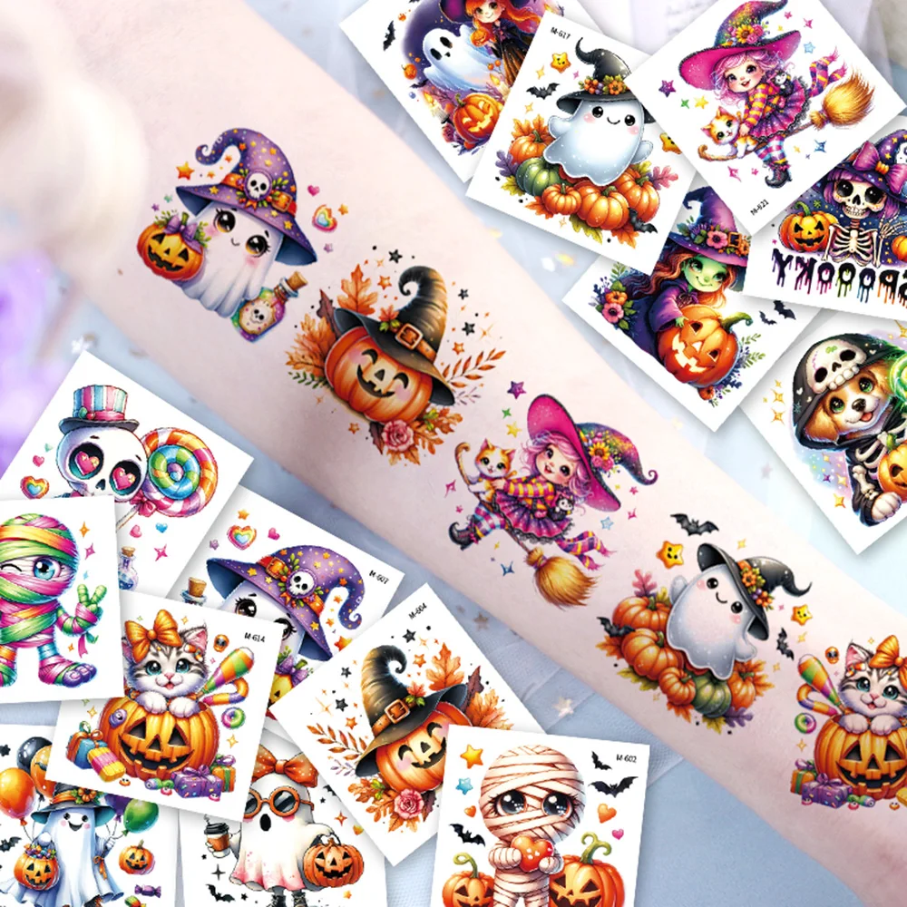 24 Sheets Halloween Temporary Tattoos, Cute Pumpkin Ghost Dogs Bat Cat Candy Witch Zombie Pattern, Halloween Party Favors Supply
