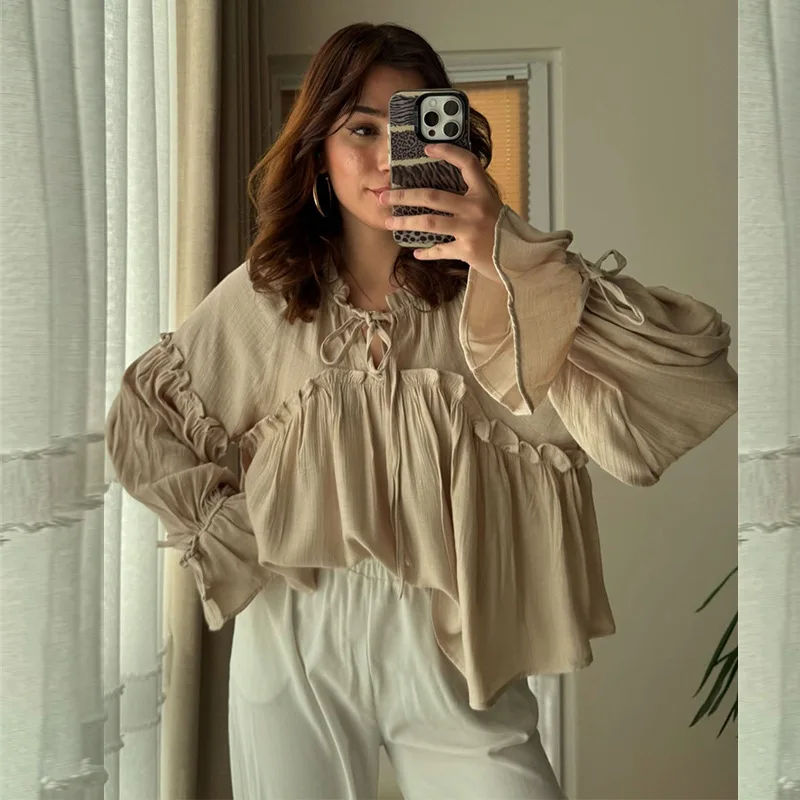 

Women's 2025 spring new sweet and fresh loose oversized stand-up collar lantern sleeve shirt women's top