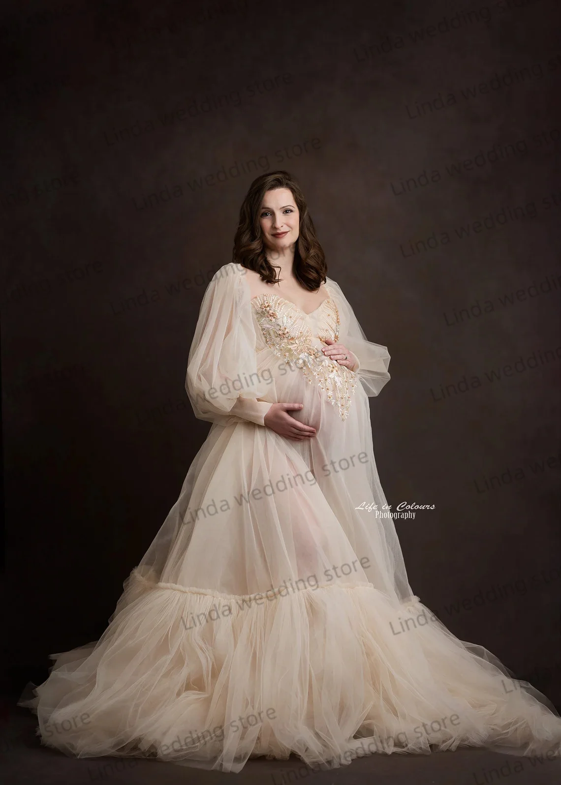 Elegant Iovry Maternity Photography Pearls Luxurious Vestidos de Noche Photo Shoot Props Lace Appliqued Pregnancy Party Gowns