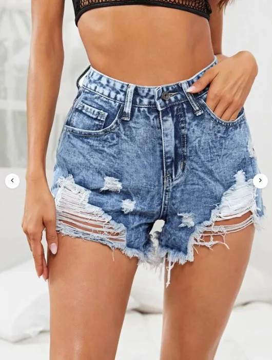 Shorts jeans de cintura alta feminino, jeans com furos, bolsos angustiados, monocromático, mosca com zíper, básico reto, sexy, magro, 2024