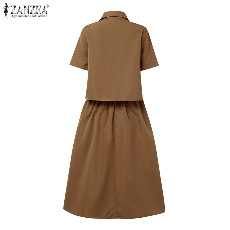 ZANZEA Elegant Lace Trim 2-Pieces Skirt Sets Women's Short Sleeve Crop Tops & A-Line Midi Skirts Matching Sets Outfits S-3XL - view 5