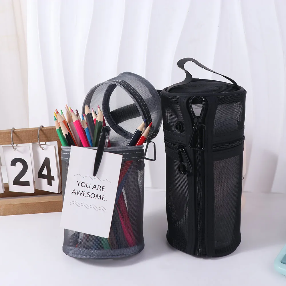 Simple Makeup Brushes Storage Bag Portable Large Capacity Mesh Pencil Case Standable Vertical Stationery Storage Organizer