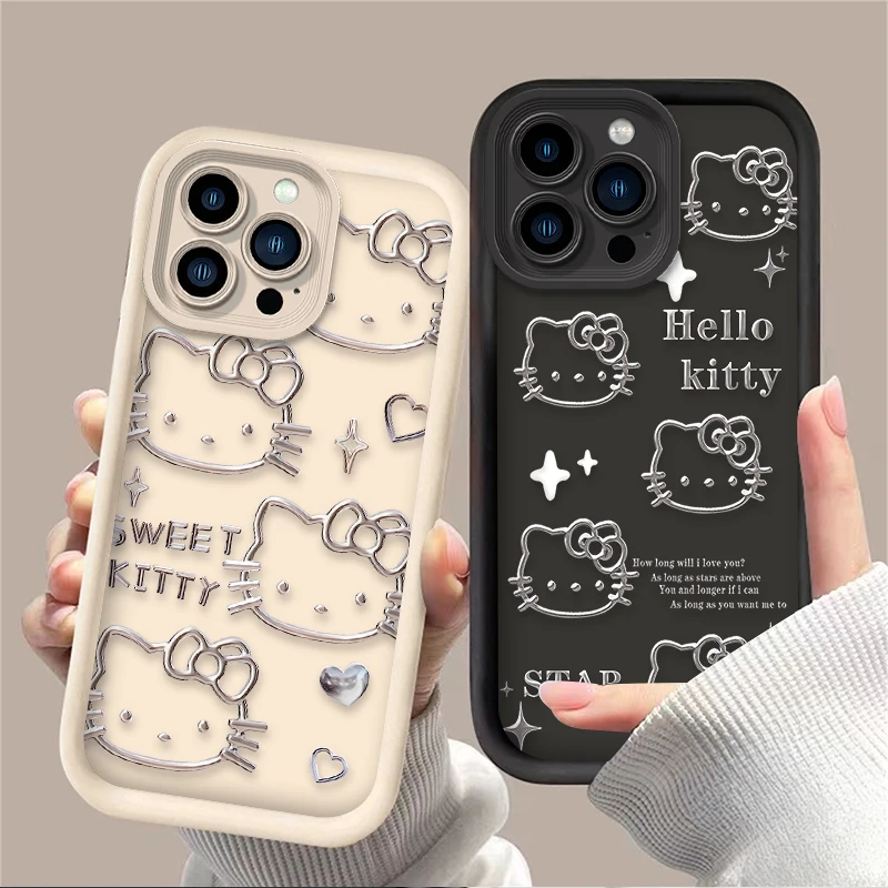 Linha de metal hello kitty caso para iphone 17 ar 16 16e 15 14 13 12 11 pro max xs xs x s max xr se 2020 se4 7 8 capa de silicone macio