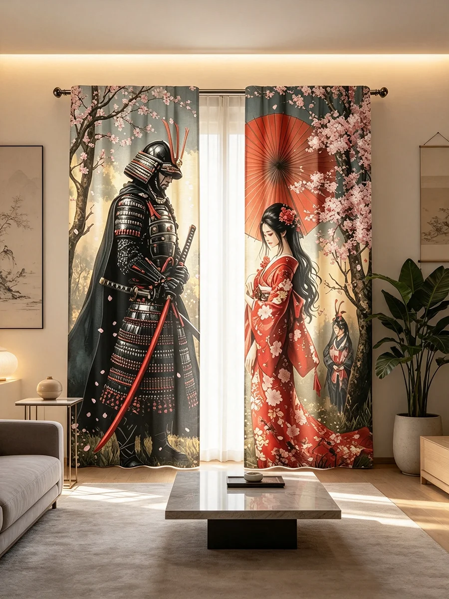 2PCS Digital Printed Curtains, Japanese Samurai Warrior Geisha Cherry Blossom Pattern, Asian Style for Bedroom Living Room Decor