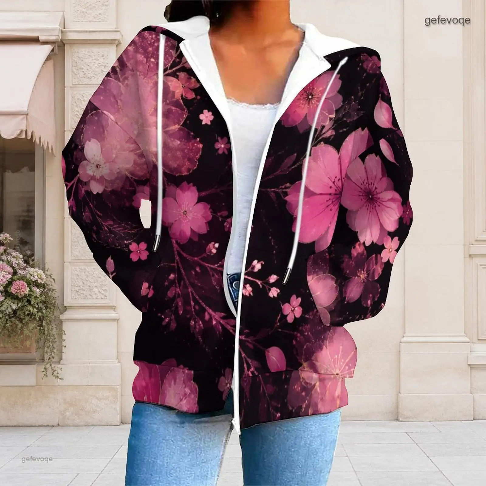 Women Pink Cherry Blossom Floral Printed Full Zip Long Sleeve Hoodie with Drawstring Hood and Pockets