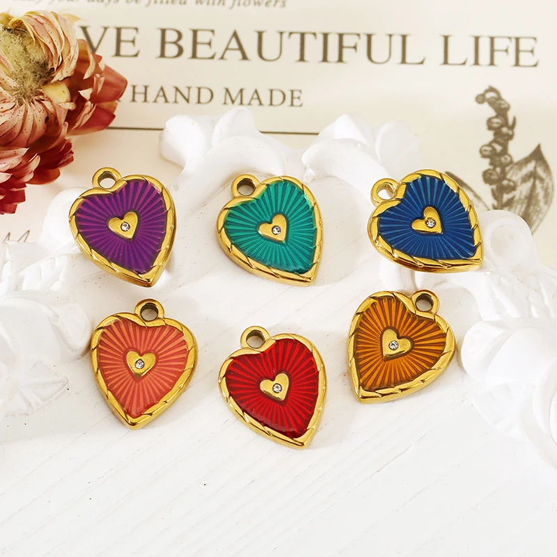 

5pcs Stainless Steel Colorful Enamel Heart Charms Gold Color Rhinestone Heart Pendant DIY Necklace Earring Jewelry Gift Supplies