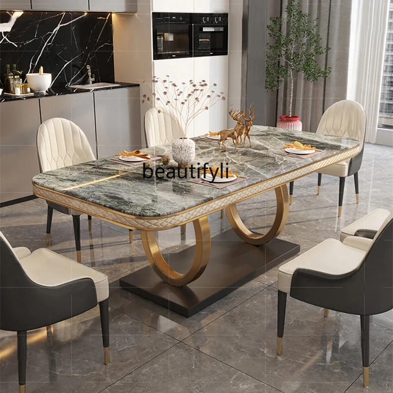 

Bright rock slab dining table and chairs light luxury high-end rectangular stainless steel household dining table