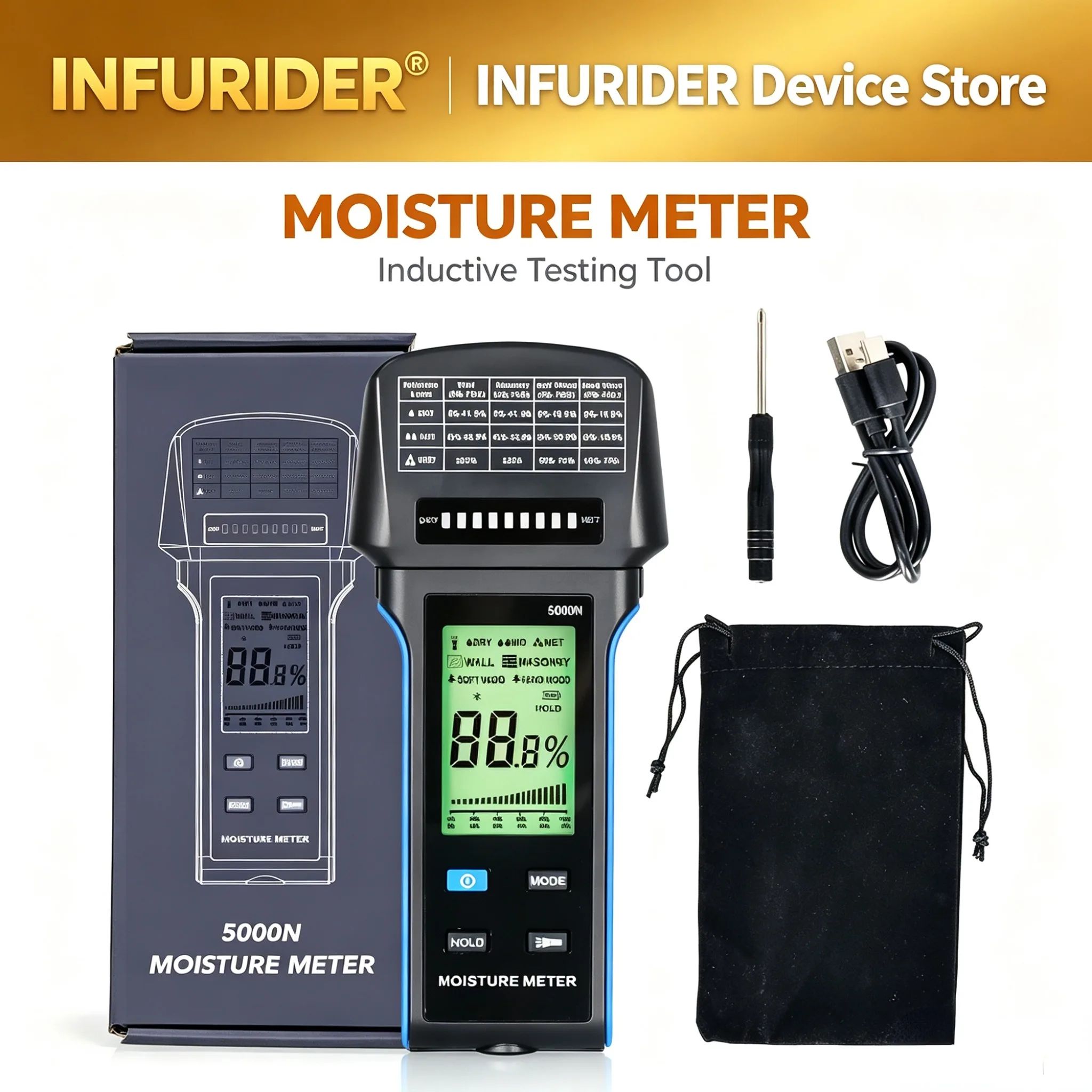 Pinless Moisture Meter for Wood Wall Masonry Non-Destructive Damp Tester with LED Bar Graph Backlit LCD for Building Inspection