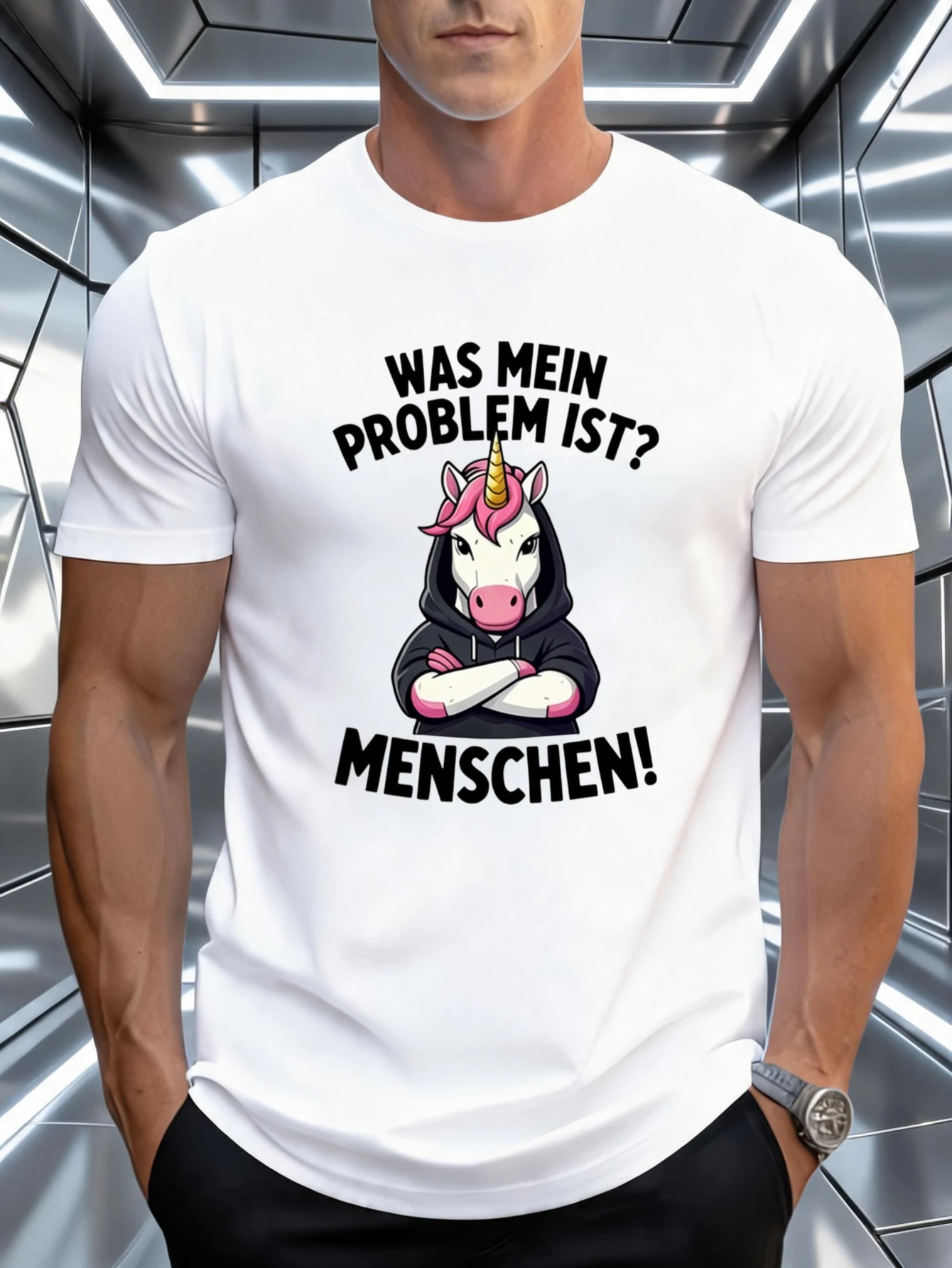 1 pièce 100% Coton Homme Femme Unisexe Was Mein Problem Ist Menschen Unicorn Hoodie Imprimé Graphique Col Rond Manches Courtes T-shirt Imprimé Grande Taille Confortable Vêtement Décontracté, Lavable en Machine