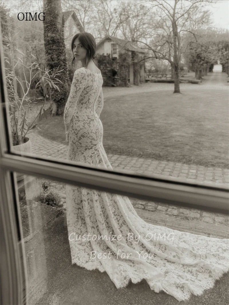 OIMG Elegant Lace Full Sleeves Mermaid Wedding Dress Long Tail Bride Dresses Floor Length Wedding Gown vestido novia Customized