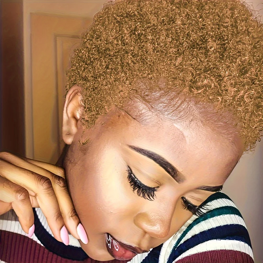 ความหนาแน่น 150% 4 นิ้วเต็มรูปแบบทําวิกผมสั้น Afro Curly วิกผมผมมนุษย์ Afro วิกผมสั้นสําหรับผู้หญิง Pixie ตัดวิกผมผมมนุษย์