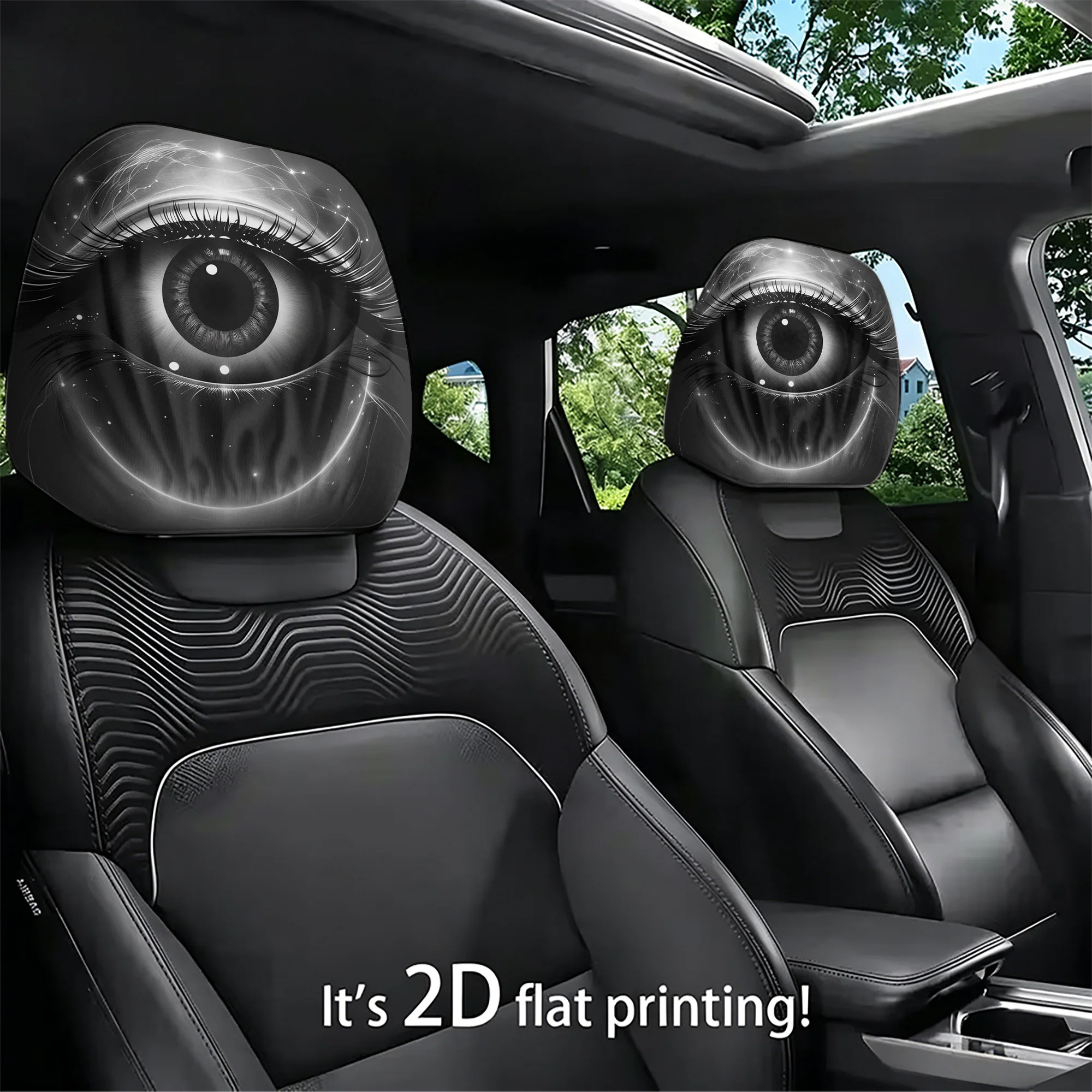 2pcs Eye-Pattern Car Headrest Covers, adding a mysterious vibe to your car’s interior. Filling not included. Easy to install.