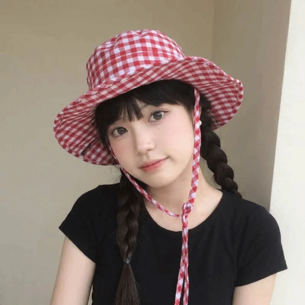 Fashion Lattice Y2k Fishmen Hat Japanese Solid Color Bucket Hat All-match Waterproof Wide Brim Sun Hat Travel