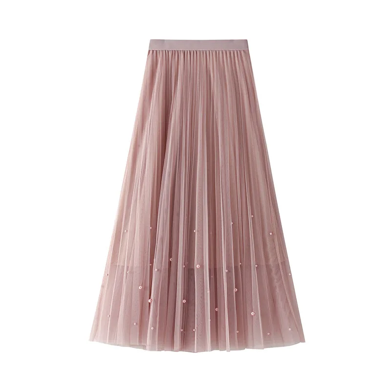 

New Yarn Skirt Spring Autumn Women's High Waist Slim A-line Skirt Studded Bead Pleated Mesh Mid Length Half Length Skirt