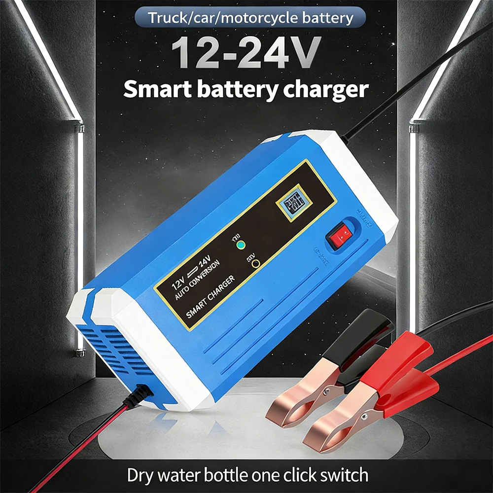 12V 10A/24V 5A Car Battery Charger with Intelligent Current Adjustment for Charging and Battery Protection Cars Moto SUV Blue