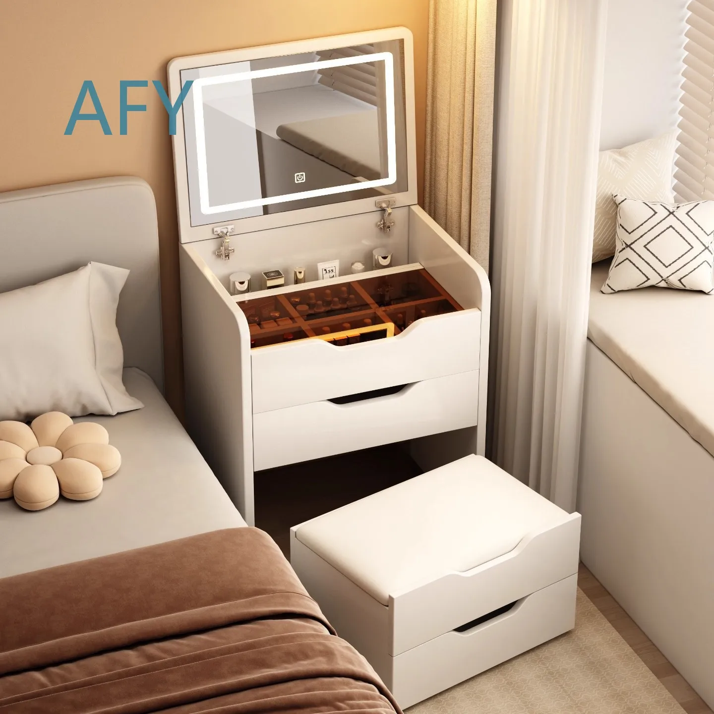 2026 Modern Minimalist Wooden Core Nightstand Dresser Combo for Bedroom Small Vanity Table with Storage Cabinet for Small
